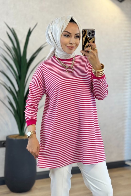 24093 Çizgili Tunik Fuşya