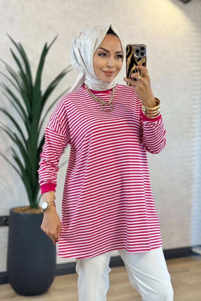 24093 Çizgili Tunik Fuşya