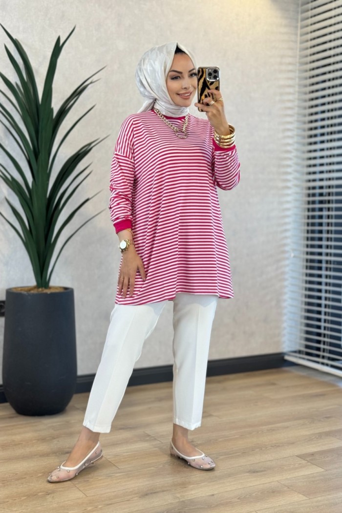 24093 Çizgili Tunik Fuşya
