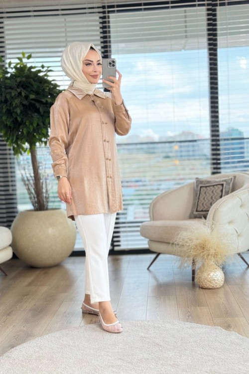6183 Çift Düğmeli Tunik Latte
