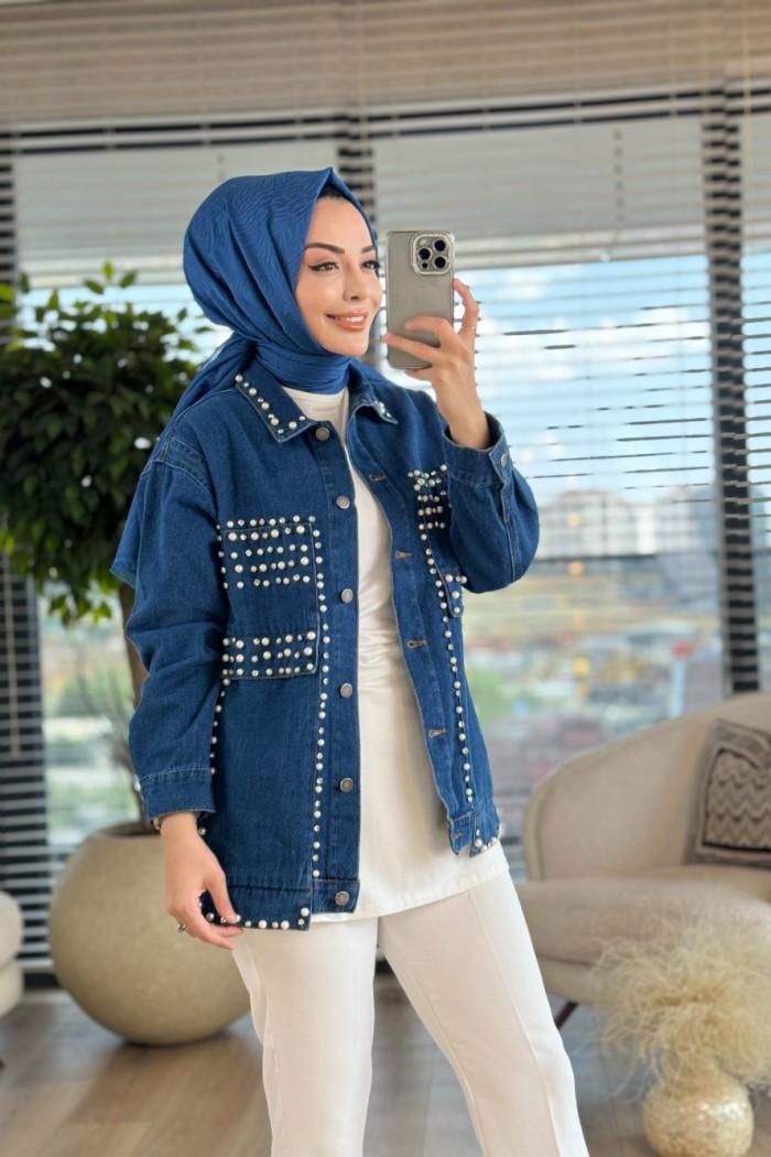 7201 Önü İnci İşli Kot Ceket Lacivert