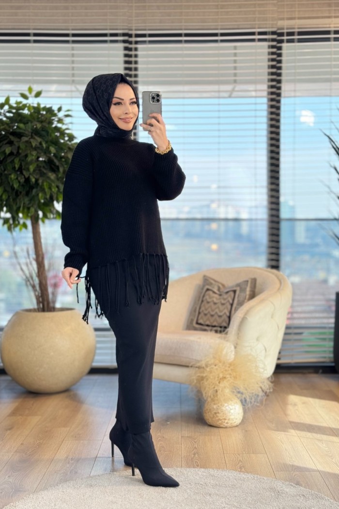 51110 Etek Ucu Saçaklı Triko Tunik Siyah