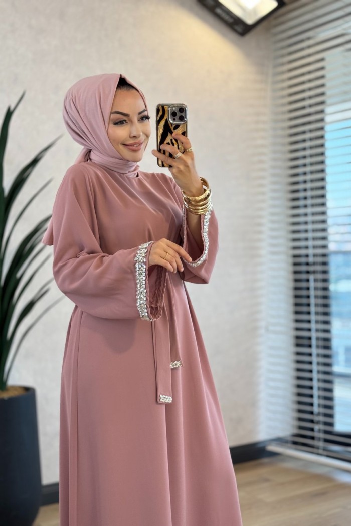 4068 Kolu Taşlı Elbise Gül