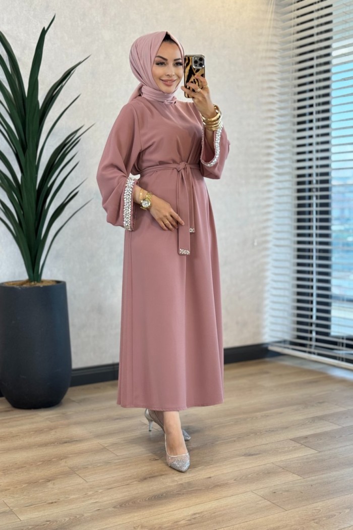 4068 Kolu Taşlı Elbise Gül