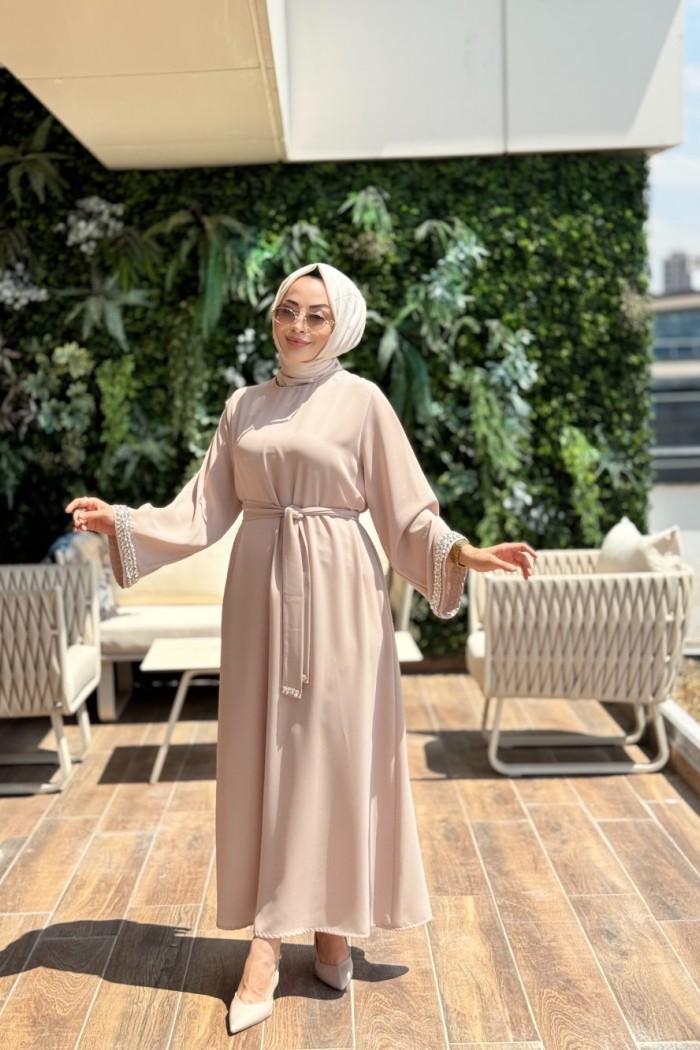 4068 Kolu Taşlı Elbise Bej 