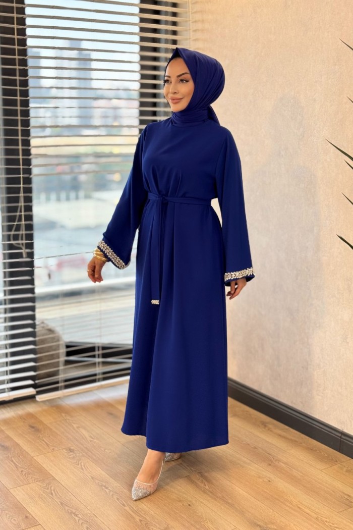 4068 Kolu Taşlı Elbise Saks 