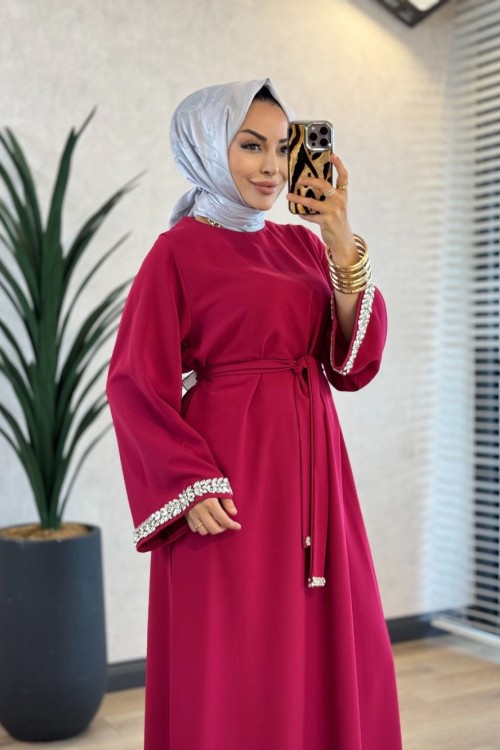 4068 Kolu Taşlı Elbise Vişne