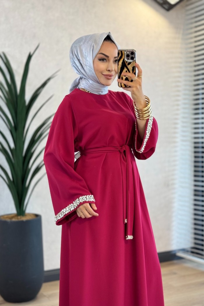 4068 Kolu Taşlı Elbise Vişne