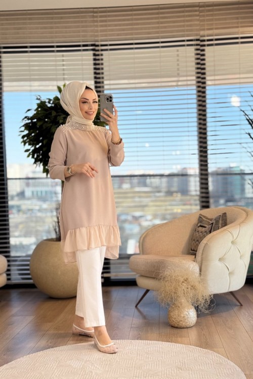 24288 Omuzları İnci Eteği Tüllü Tunik Bej