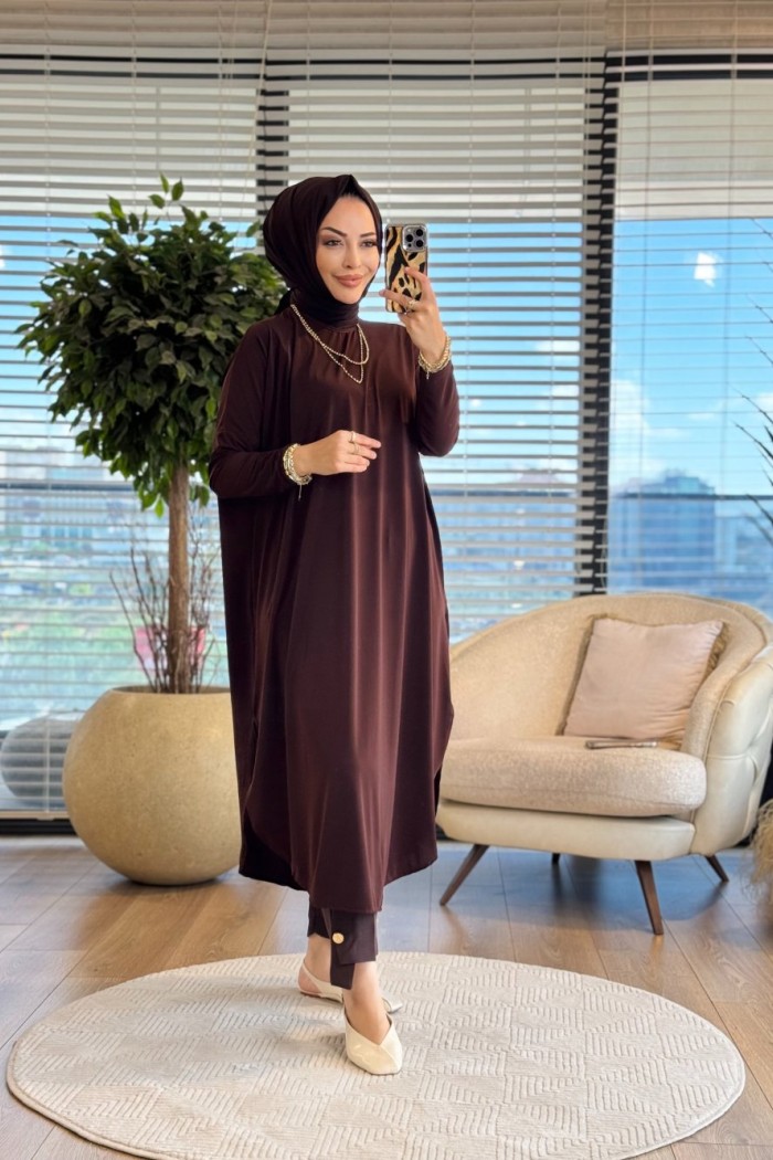 1735 Sandy Yarasa Kol Tunik Kahve