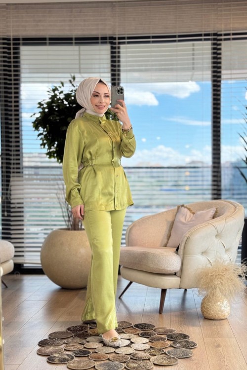 8514 Ön Çıtçıtlı Bel Kuşaklı Takım Yağ Yeşili