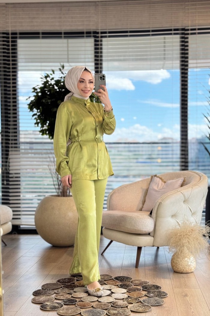 8514 Ön Çıtçıtlı Bel Kuşaklı Takım Yağ Yeşili