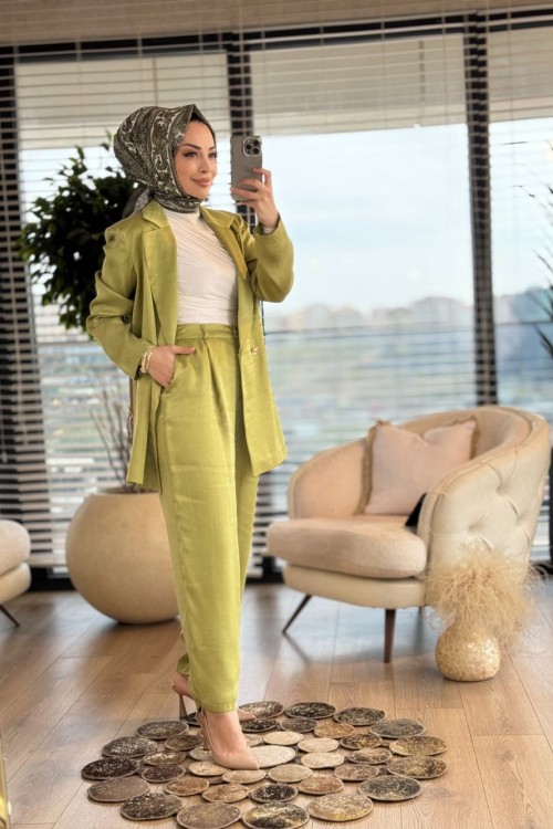 8537 Saten İki Düğme Ceket Takım Yağı Yeşili