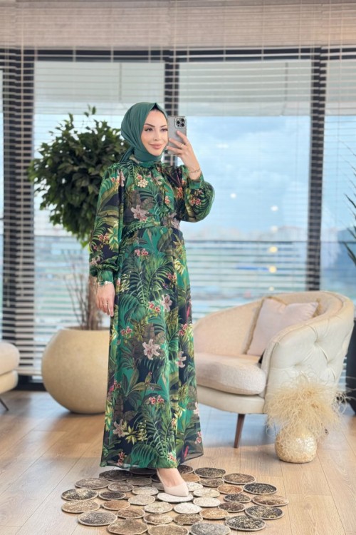 08-1651 Şifon Dal Ve Çiçek Desenli Elbise Yeşil