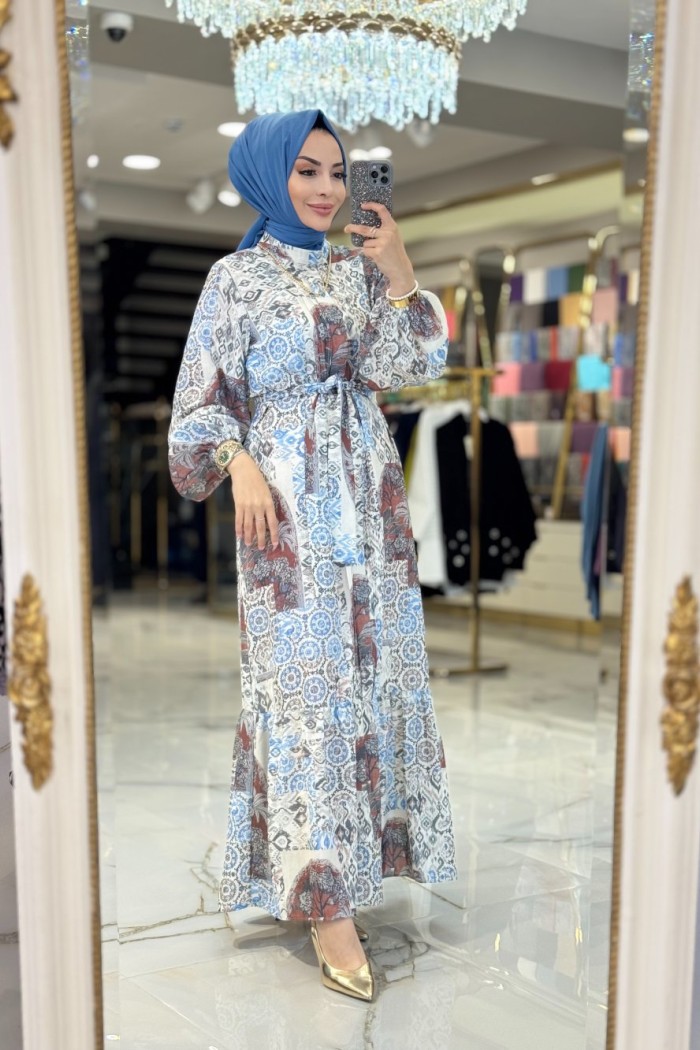 3289Y25 Keten Desenli Elbise Ekru İndigo