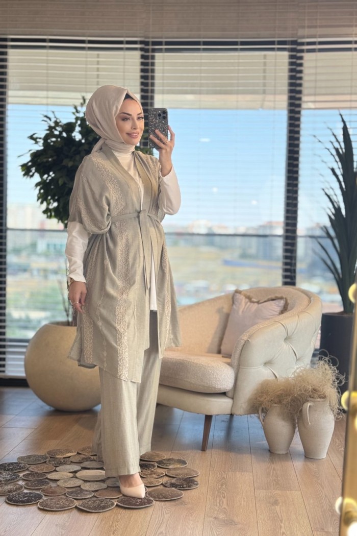 25604 Üstü Motif Nakışlı 3lü Takım Haki