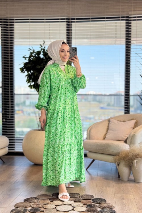 25EL541 Küçük Çiçek Desenli V Yaka Düğmeli Elbise Yeşil