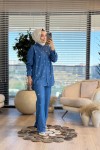 2018 Tencel Önü Taş İşlemeli Gömlek Mavi