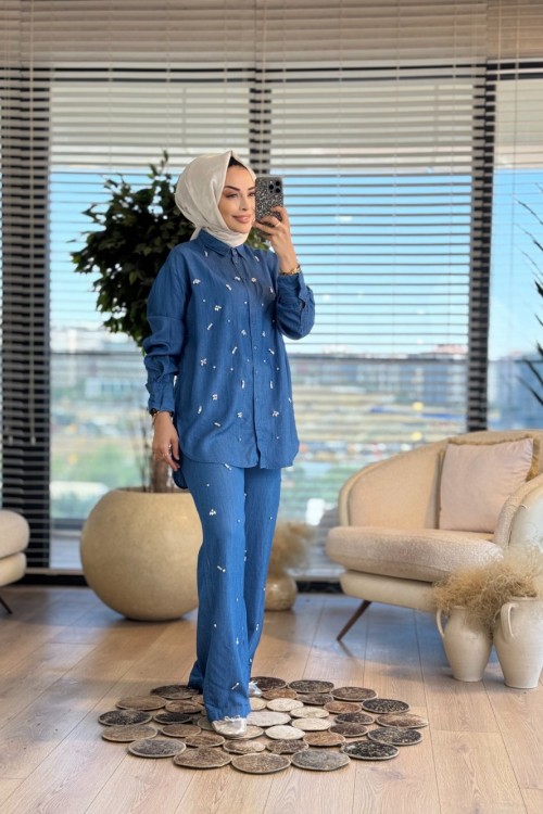 2018 Tencel Önü Taş İşlemeli Gömlek Mavi