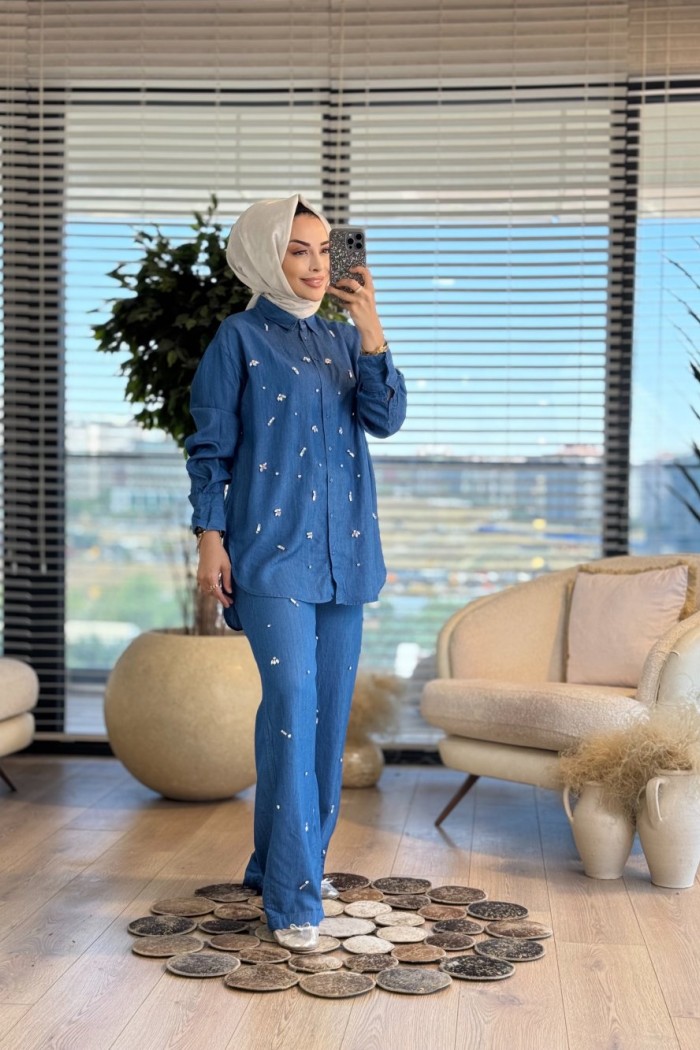2018 Tencel Önü Taş İşlemeli Gömlek Mavi