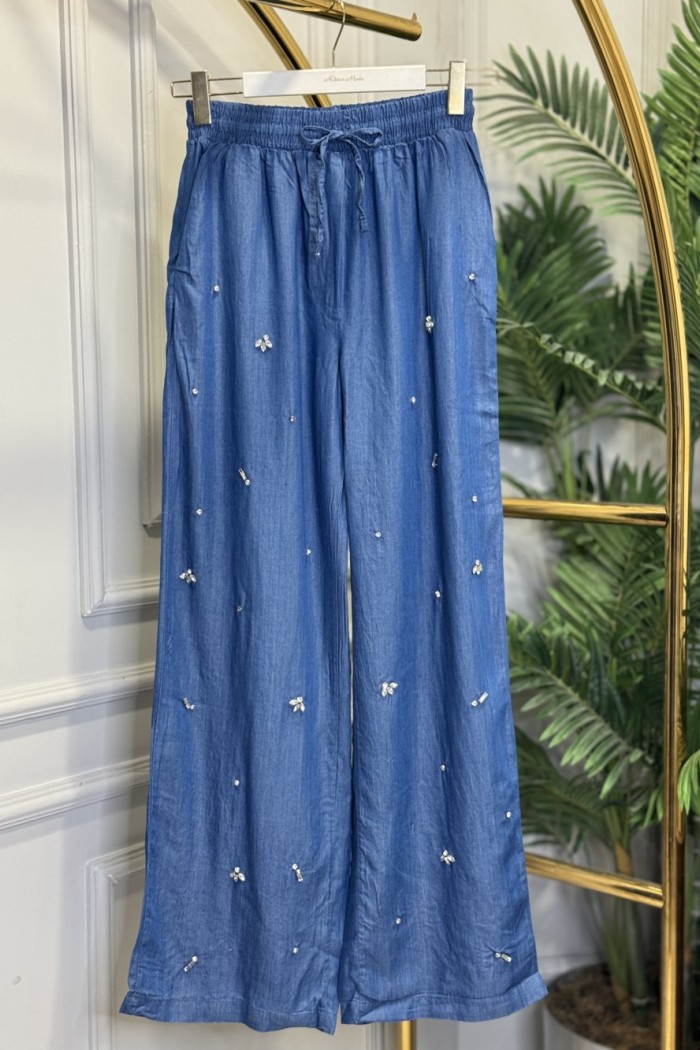 7261 Tencel Önü Taş İşlemeli Pantolon Mavi