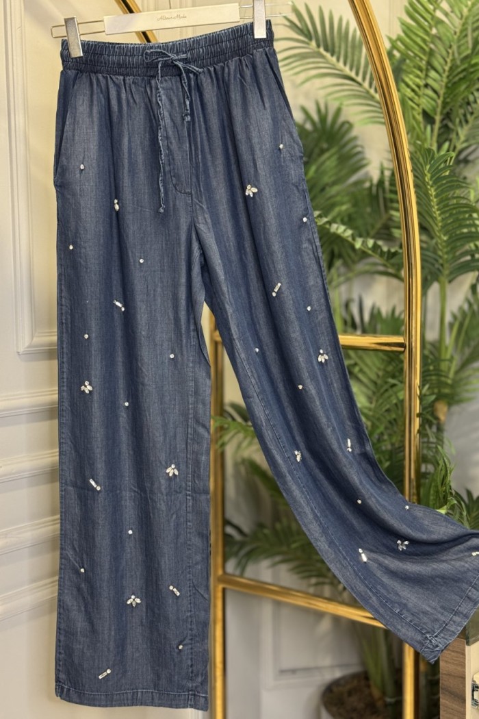 7261 Tencel Önü Taş İşlemeli Pantolon Koyu Mavi