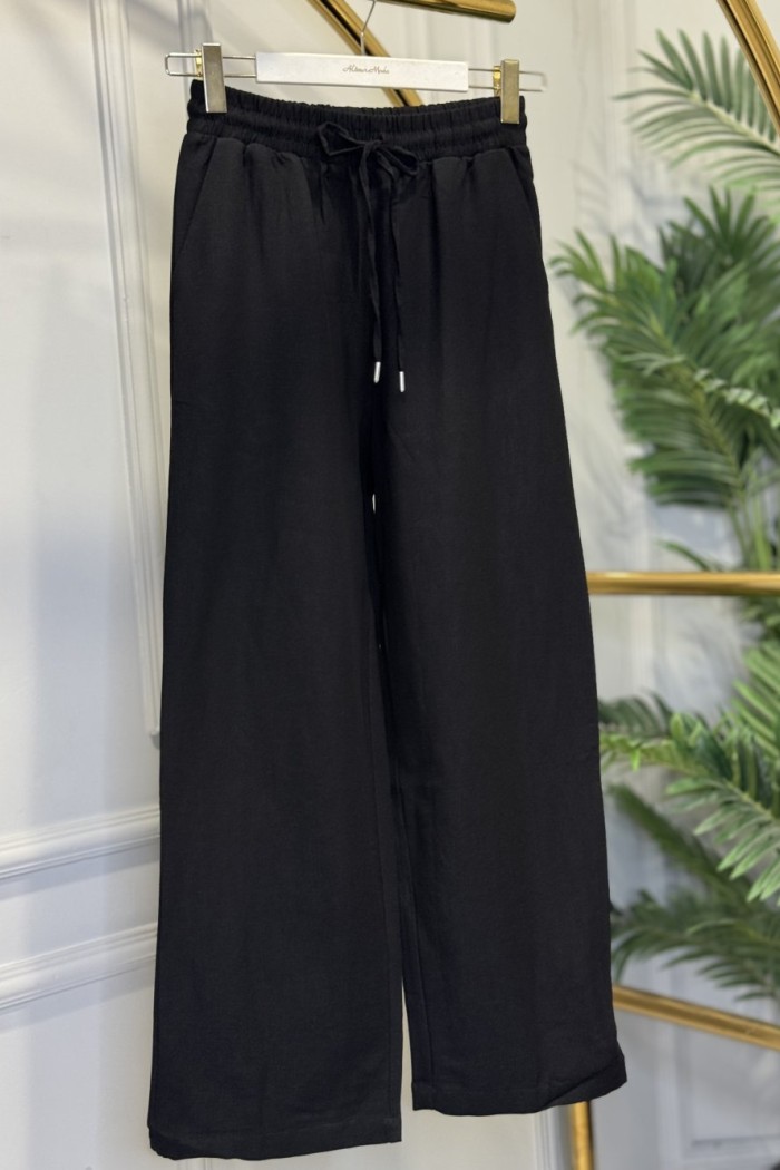 7272 Beli Lastikli Bol Paça Pantolon Siyah