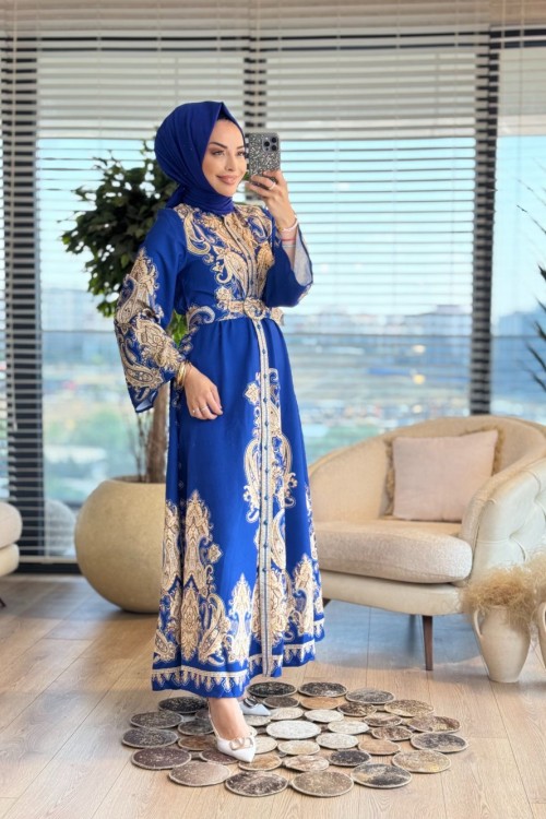 4297 Büyük Şal Desenli Elbise Saks