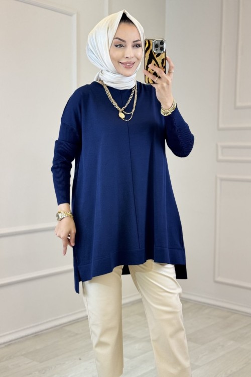 127 Kolları Lastik Örgü Triko Tunik Lacivert