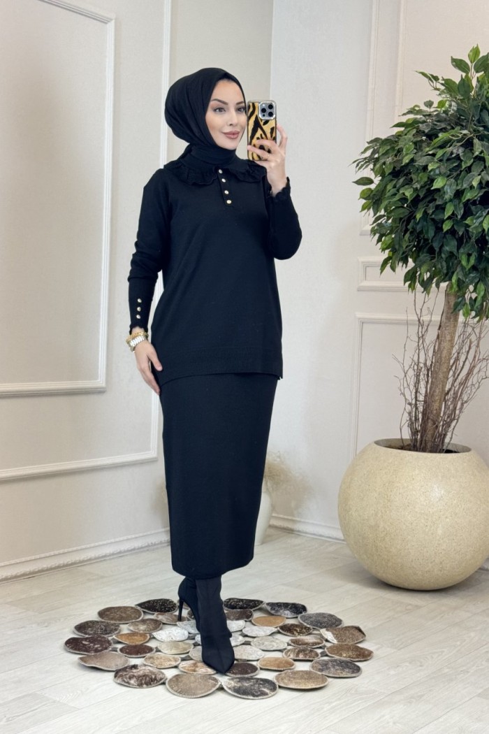 260 Dantelli Bebe Yaka Triko Tunik Siyah