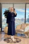 35946 Yarasa Kollu Gold Düğmeli Etekli Takım Lacivert
