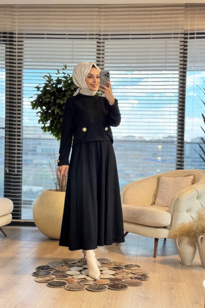 35588 Yanları Düğmeli Etekli Takım Siyah