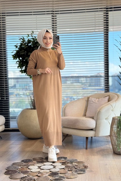 7025 Patı Fermuarlı Vanezia Elbise Latte