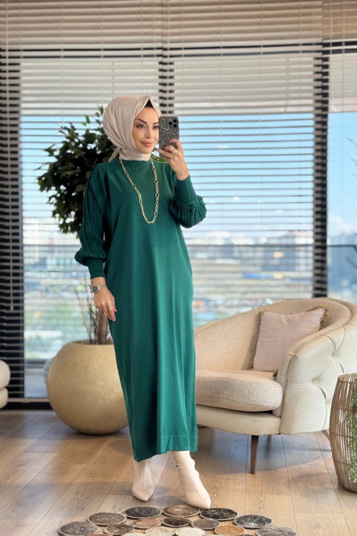 7046 Kolları Piliseli Simli Vanezia Elbise Zümrüt