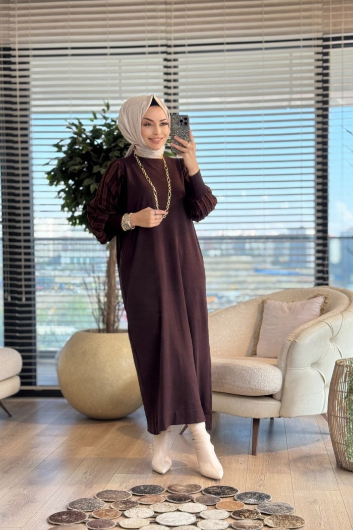 7046 Kolları Piliseli Simli Vanezia Elbise Kahve