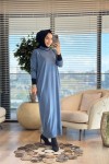 7032 Omuzu Manşetli Garnili Triko Elbise İndigo