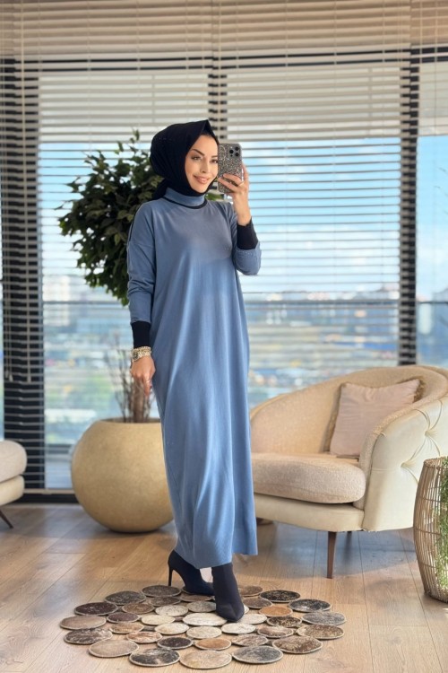7032 Omuzu Manşetli Garnili Triko Elbise İndigo