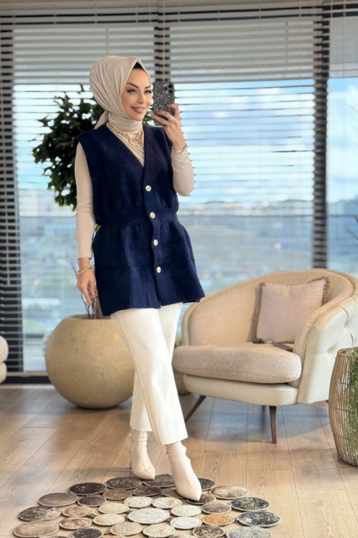 140508 Angora Uzun Yelek Lacivert