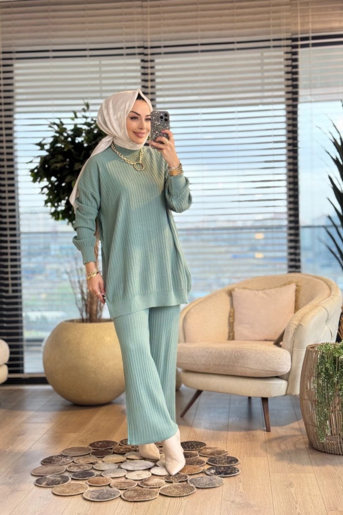3444 Nopen Fitilli Triko Pantolon Takım Mint
