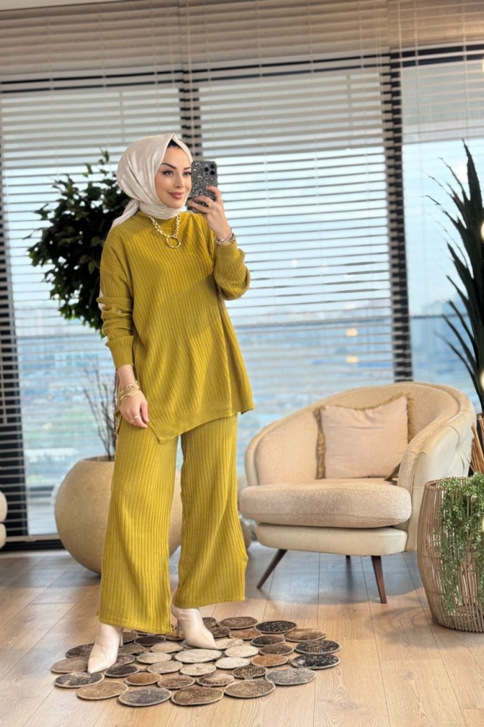3444 Nopen Fitilli Triko Pantolon Takım Yağ Yeşili