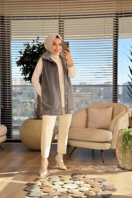 9280 Ön Çıçıtlı Kürk Yelek Antrasit