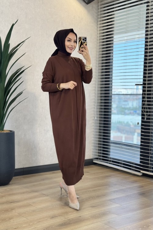 7017 Öpücük Yaka Vanezia Elbise Kahve