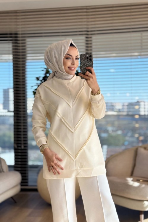 24034 Ön V Dikiş Parçalı Scuba Tunik Krem