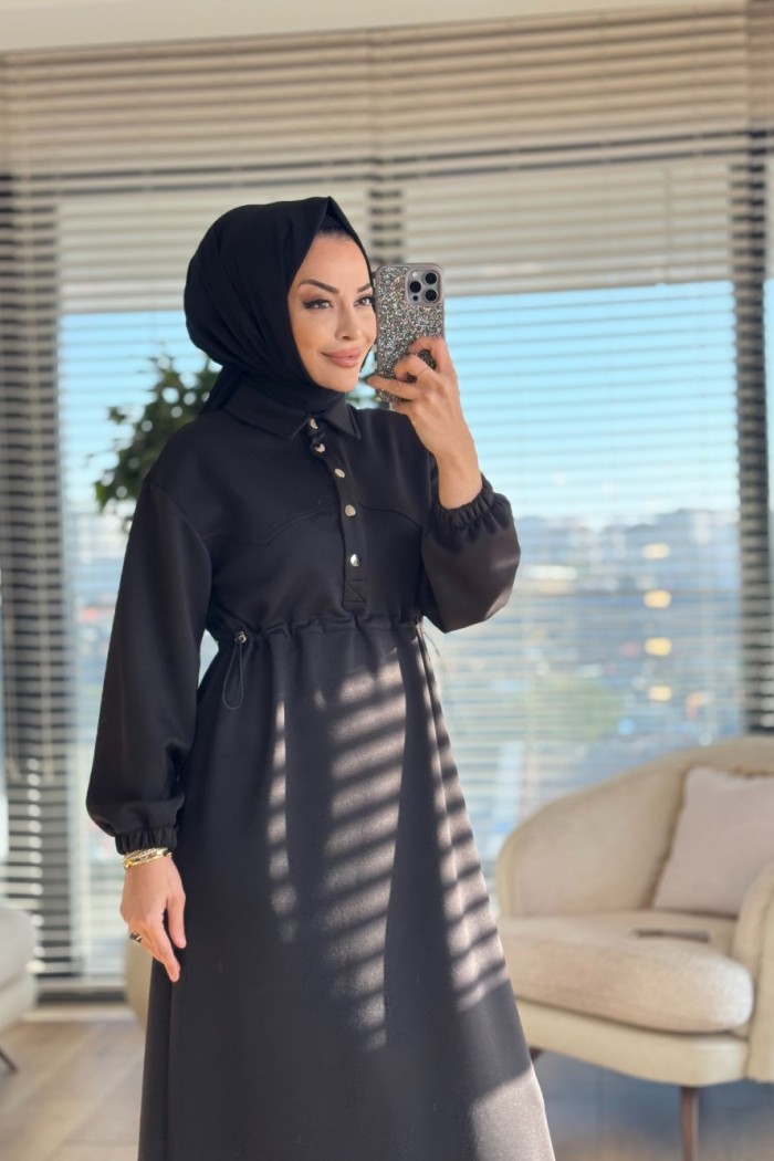 12655 Patı Çıtçıtlı Beli Büzgülü Elbise Siyah