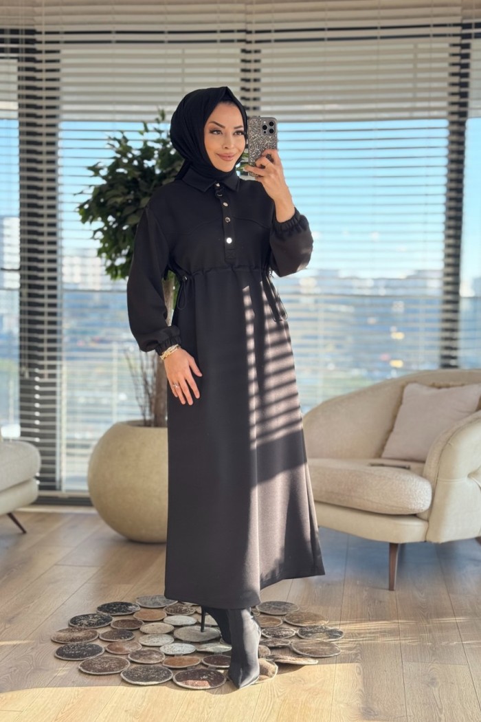 12655 Patı Çıtçıtlı Beli Büzgülü Elbise Siyah