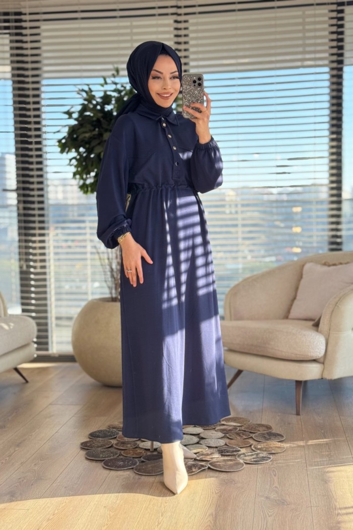 12655 Patı Çıtçıtlı Beli Büzgülü Elbise Lacivert