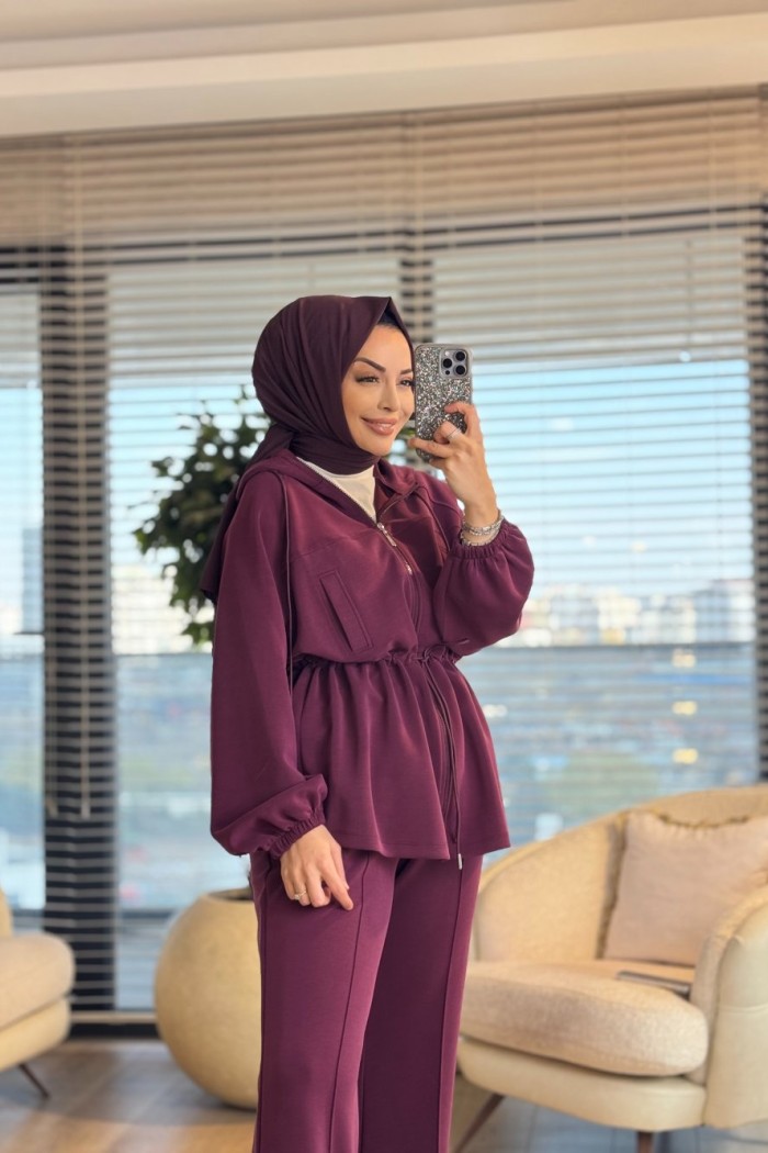 35373 Bel Kordonlu Kesik Detaylı Takım Bordo