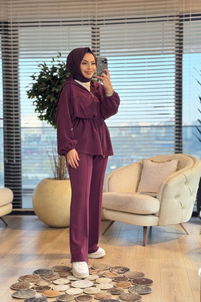 35373 Bel Kordonlu Kesik Detaylı Takım Bordo