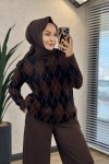 140542 Baklava Desenli Simli Tunik Siyah Kahve