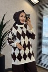 140542 Baklava Desenli Simli Tunik Ekru  Kahve